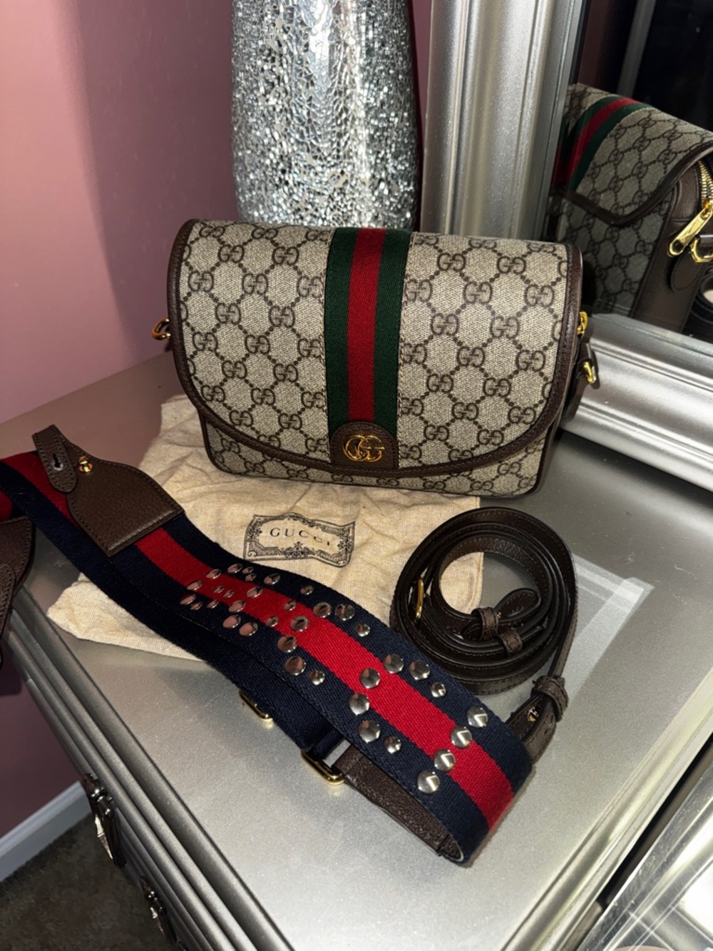 Gucci Brown GG Supreme Crossbody with Green-Red Web Stripe